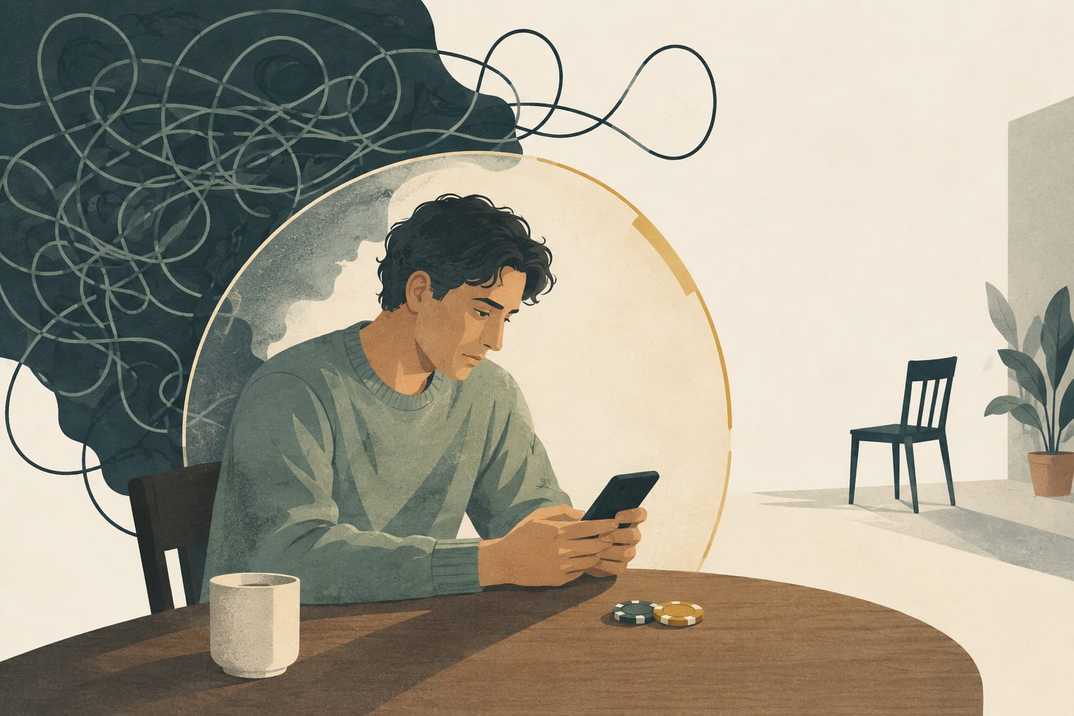 Persona sola con il telefono in mano e delle fiches sul tavolo, simbolo del gioco d'azzardo come fuga emotiva